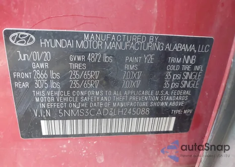 2020 Hyundai Santa Fe Sel z USA, uszkodzony, nr VIN 5NMS3CAD3LH245088